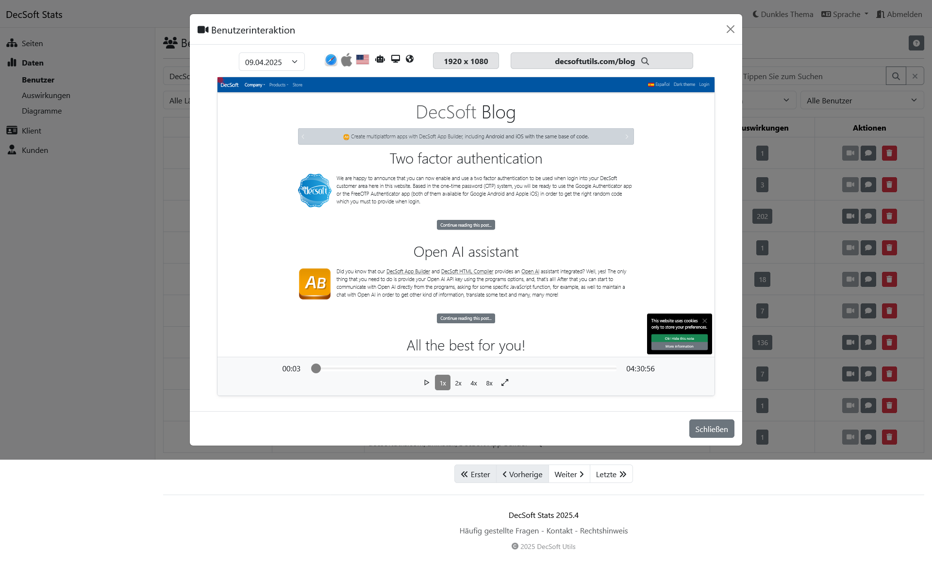 Klicken Sie hier, um dieses Bild im Vollbildmodus anzuzeigen. DecSoft Stats Kunden-Dashboard