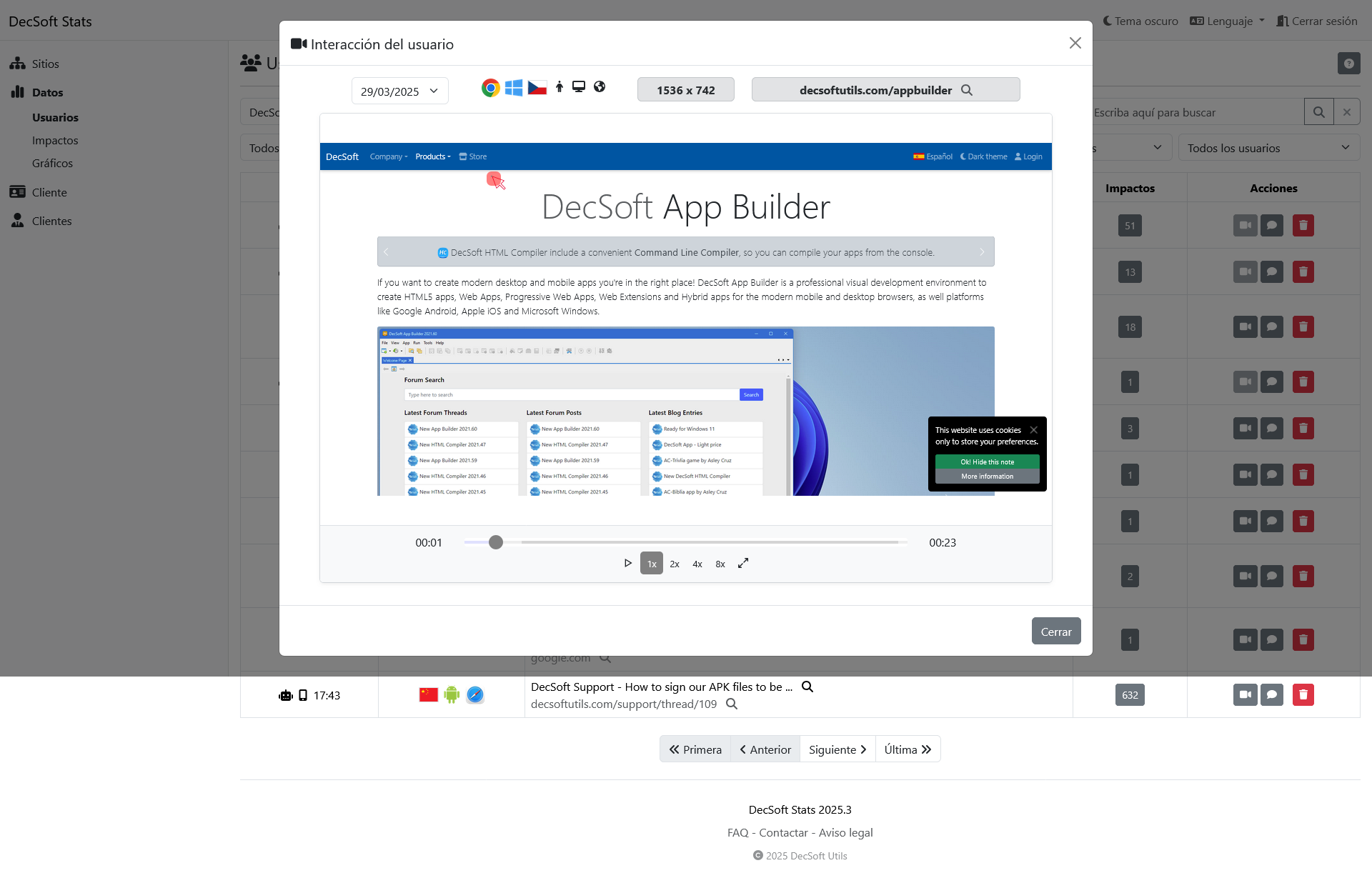 Pulse aquí para ver esta imagen a pantalla completa. Panel de control de clientes de DecSoft Stats