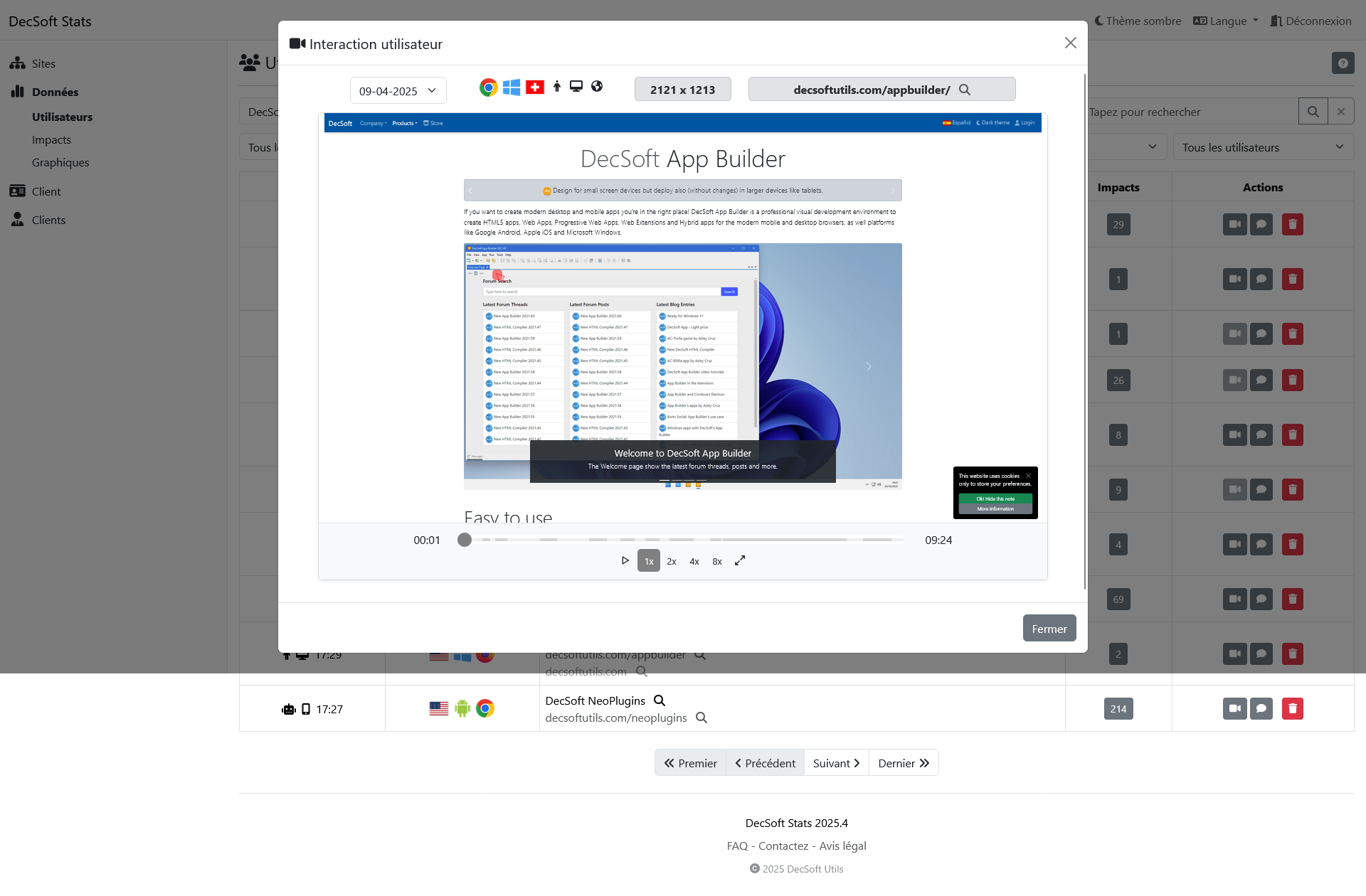 Cliquez ici pour voir cette image en plein écran. Tableau de bord client DecSoft Stats