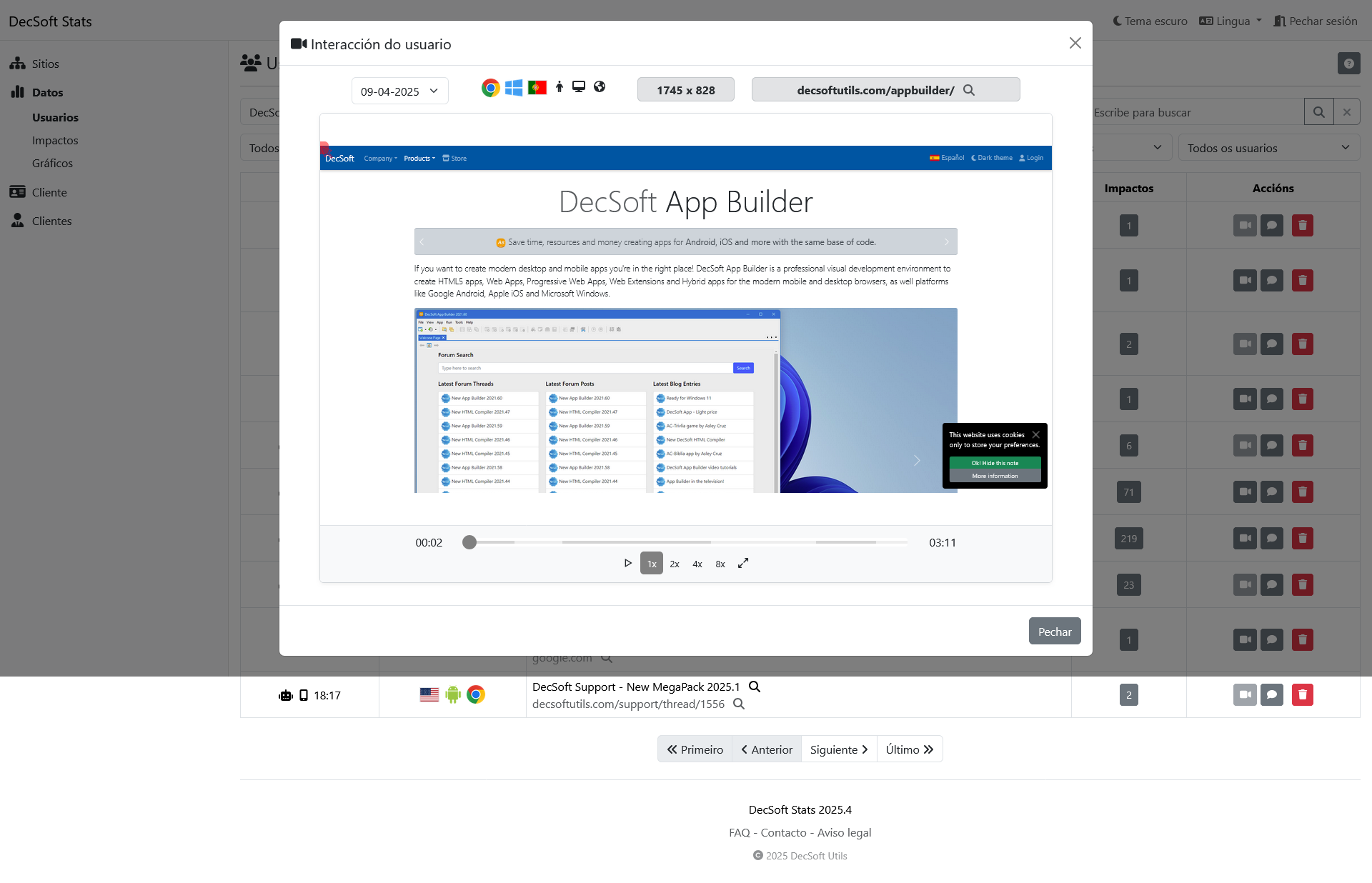 Fai clic aquí para ver esta imaxe en pantalla completa. Taboleiro de control de clientes de DecSoft Stats