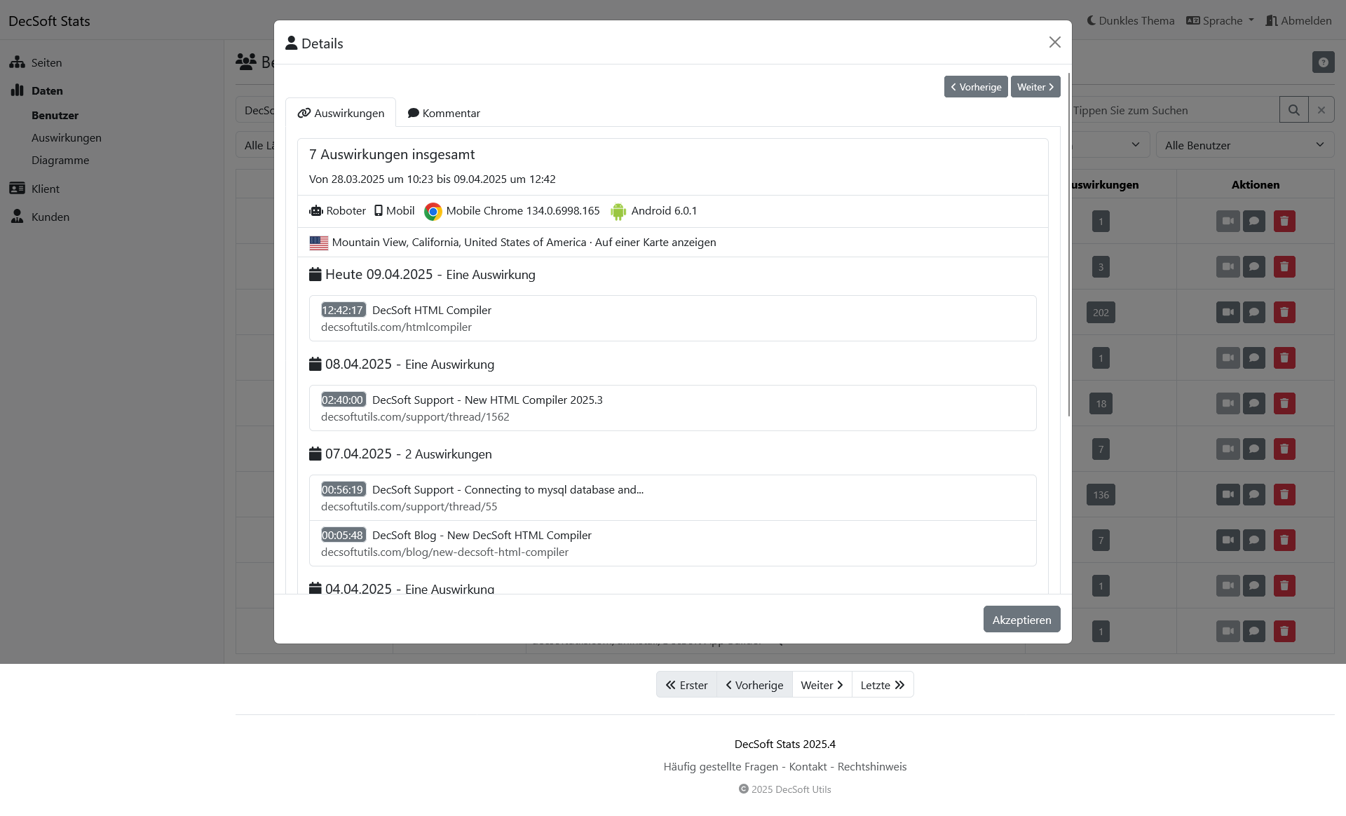 Klicken Sie hier, um dieses Bild im Vollbildmodus anzuzeigen. DecSoft Stats Kunden-Dashboard