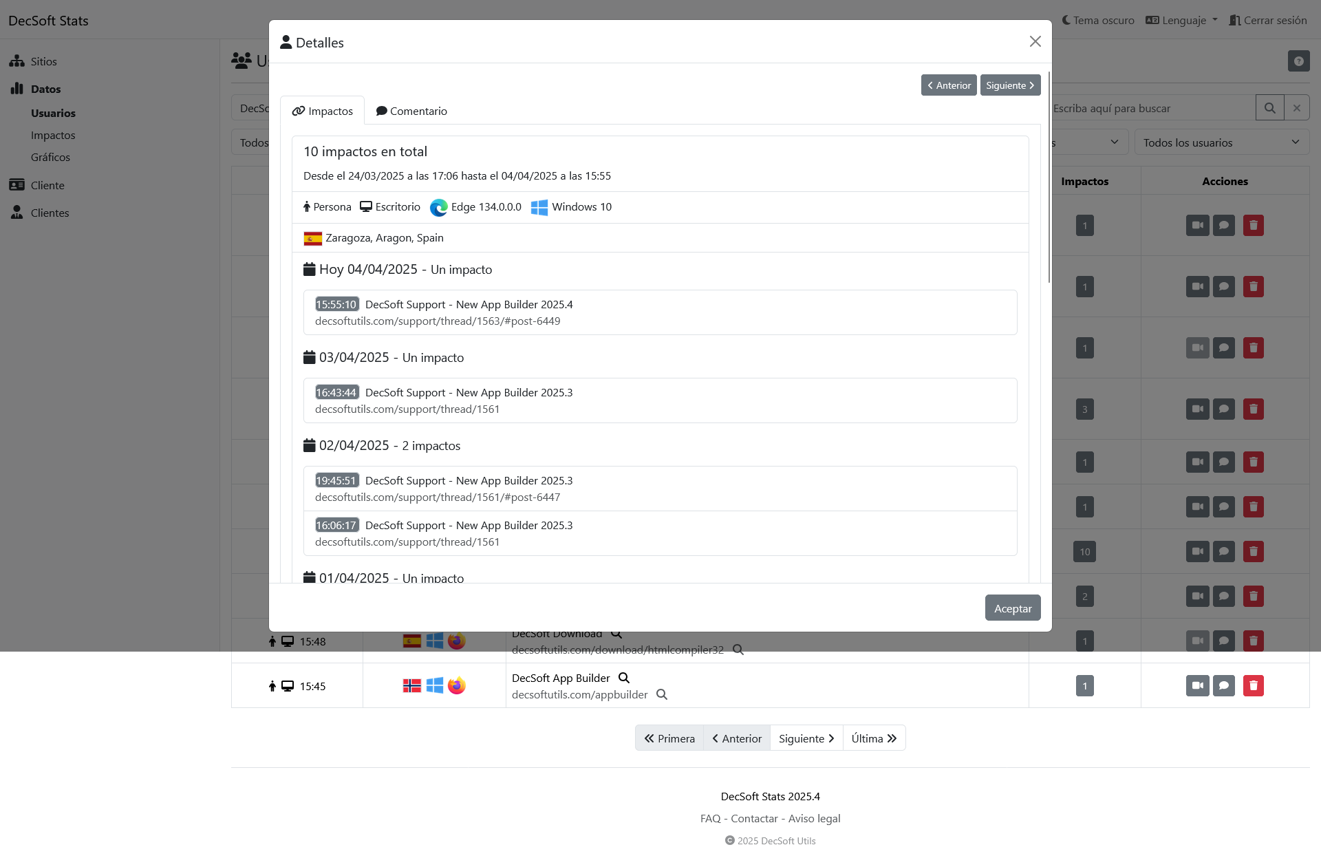 Pulse aquí para ver esta imagen a pantalla completa. Panel de control de clientes de DecSoft Stats
