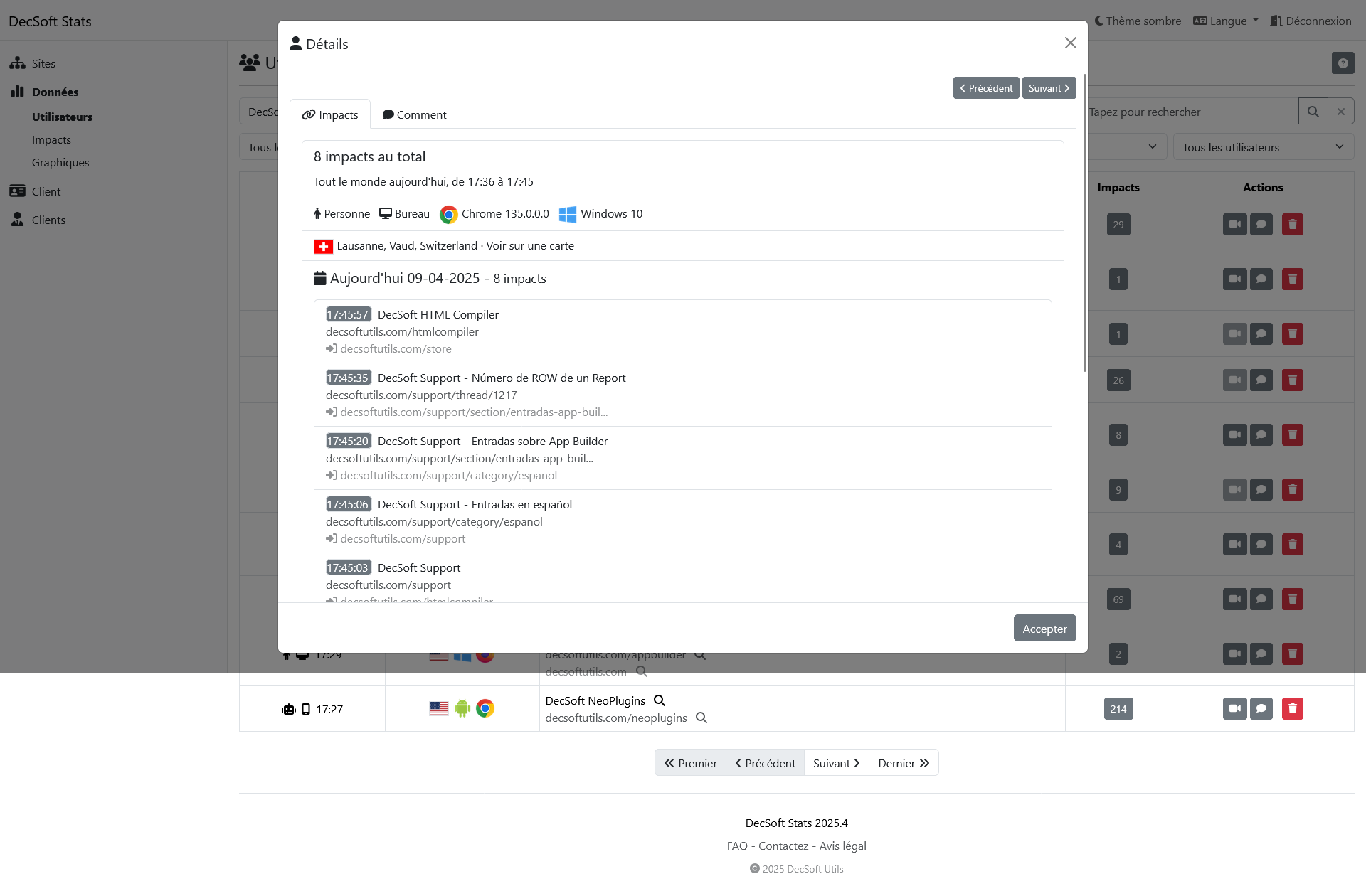 Cliquez ici pour voir cette image en plein écran. Tableau de bord client DecSoft Stats